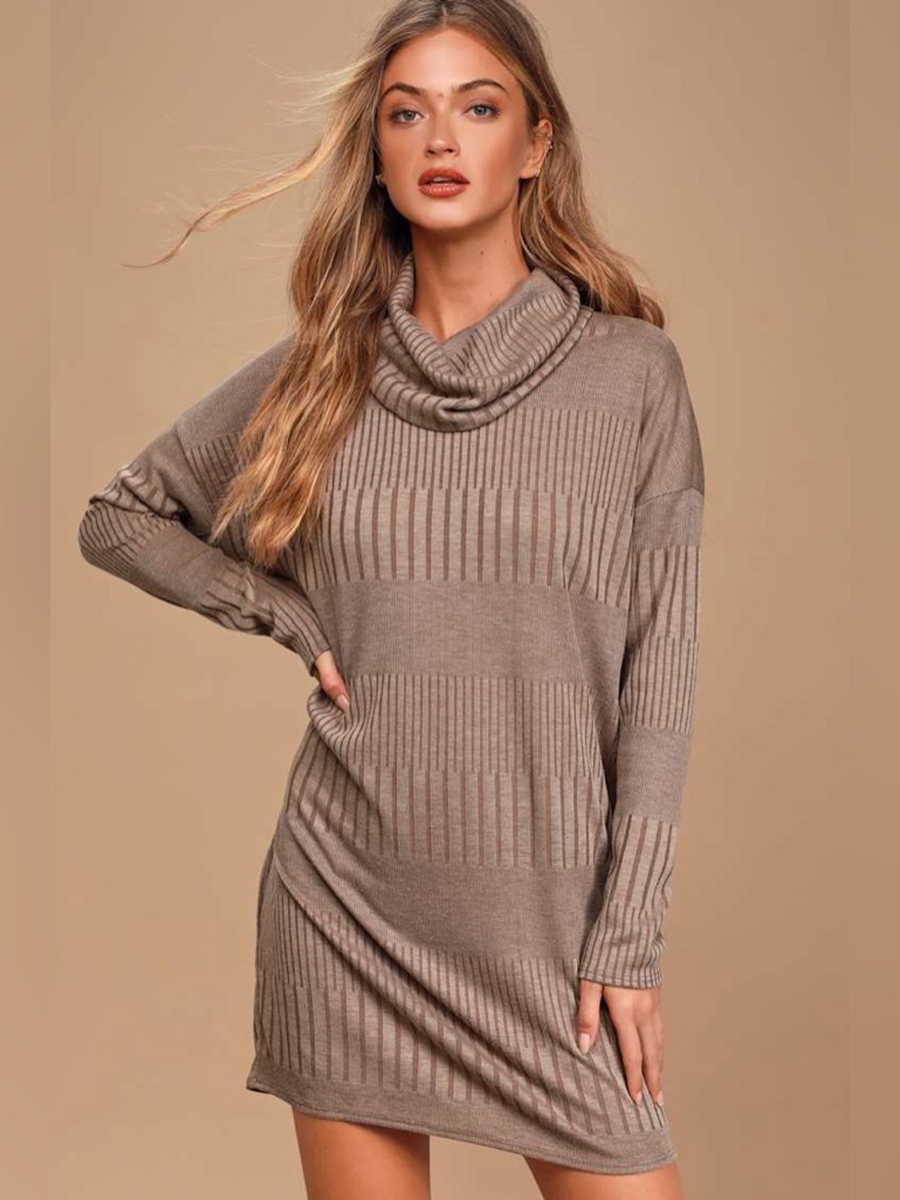 Lulus Brown Ribbed Long Sleeve Cowl Neck Dress S Morning Coffee